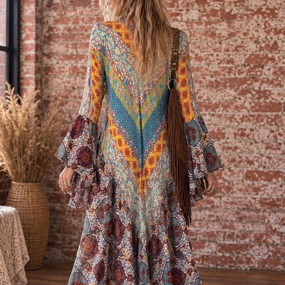 Paisley Floral Patchwork Duster Kimono Cardigan Bell Sleeve S Boho Festival 70s